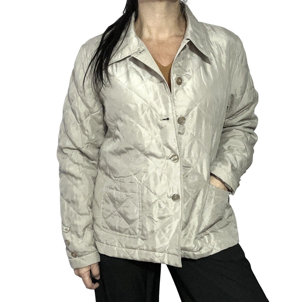 Diane Gilman Beige‎ Quilted Lightweight 100% Silk Jacket Pea Coat